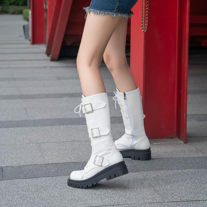 KOKOMOMO Women's Knee High Boots Side Zipper Motorcycle Boots Round Toe Chunky Low Heels Fashion Buckles Biker Riding Boots
