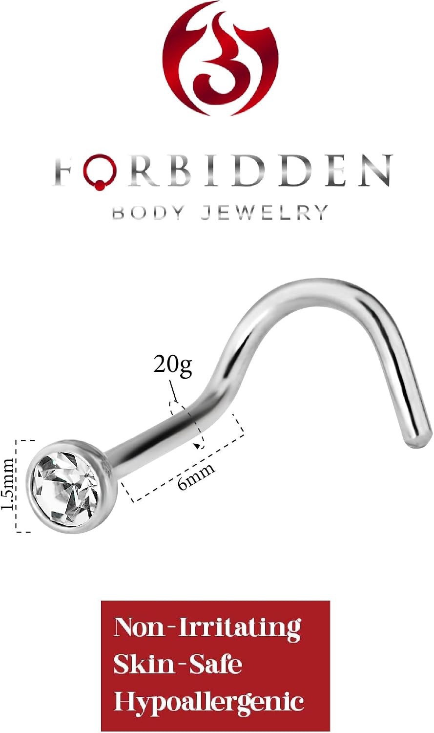 Forbidden Body Jewelry 20G Nose Rings Studs L Shape Nose Screw Titanium Press Fit Crystal Gem Nose Piercing Ring for Women and Men