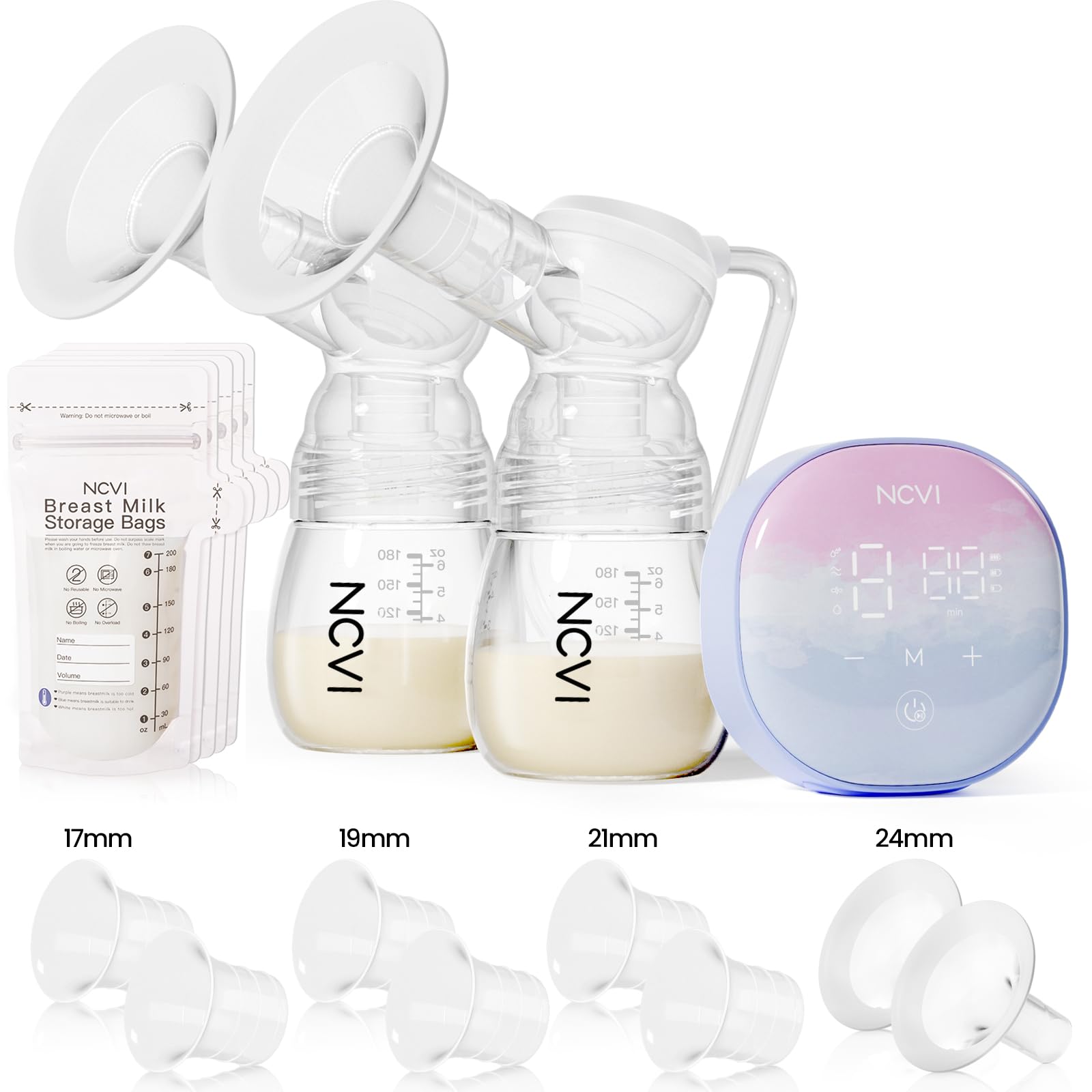 NCVI Double Electric Breast Pump 8122, Portable Milk Breastfeeding Pump with 4 Modes 9 Levels, Hospital-Grade Suction 280mmHg with 17/19/21/24mm Flanges for Home, Office and Travel, USB Rechargeable