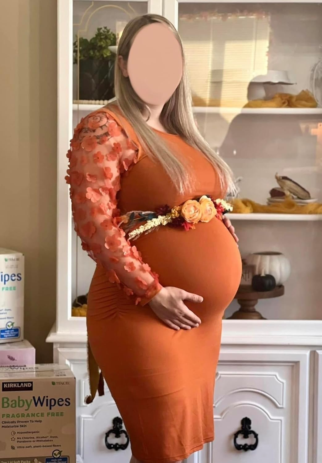 Floral Mesh Bishop Long Sleeve Maternity Midi Dress, Fall Maternity Bodycon Dress for Baby Shower - Image 2