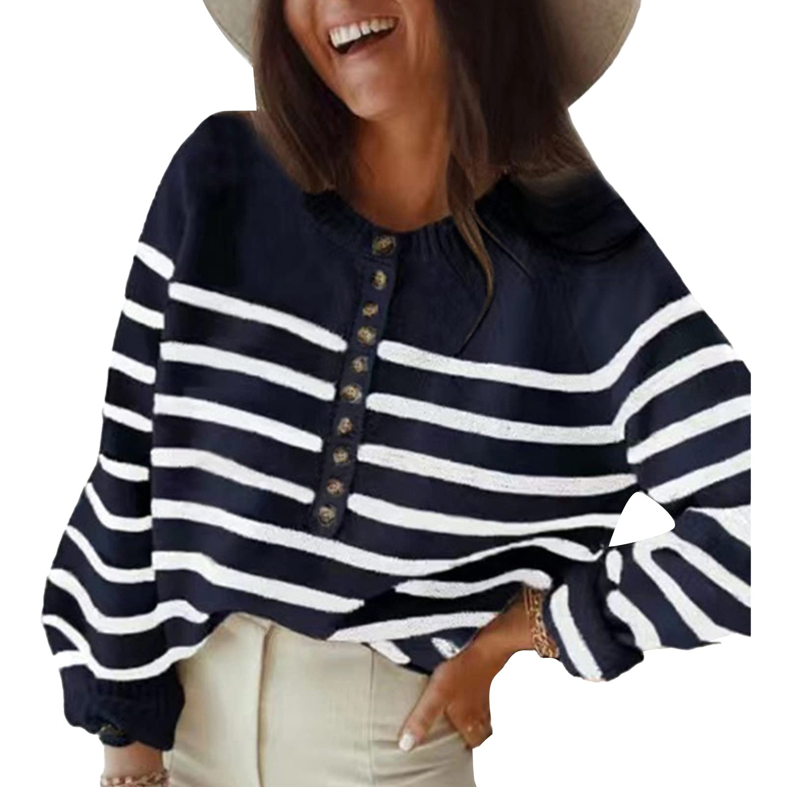 Maglione da donna a righe, girocollo, a maniche lunghe, con bottoni, alla moda, casual, per autunno e inverno