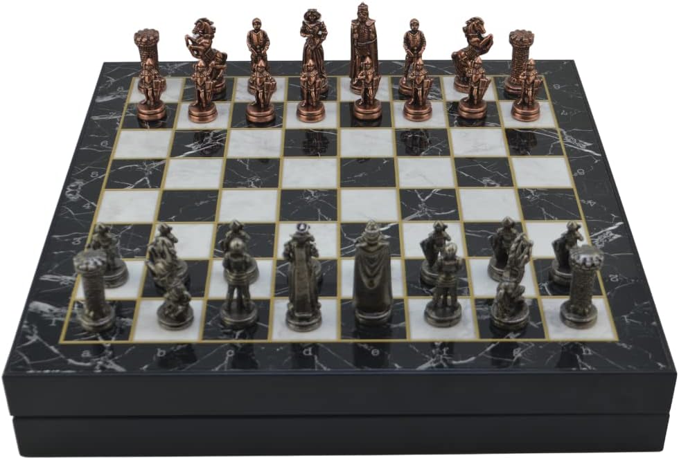 Metal Chess Set for Adults Medieval British Army Antique Copper,Handmade Pieces and Different Design Wooden Chess Board with Storage (Marble)