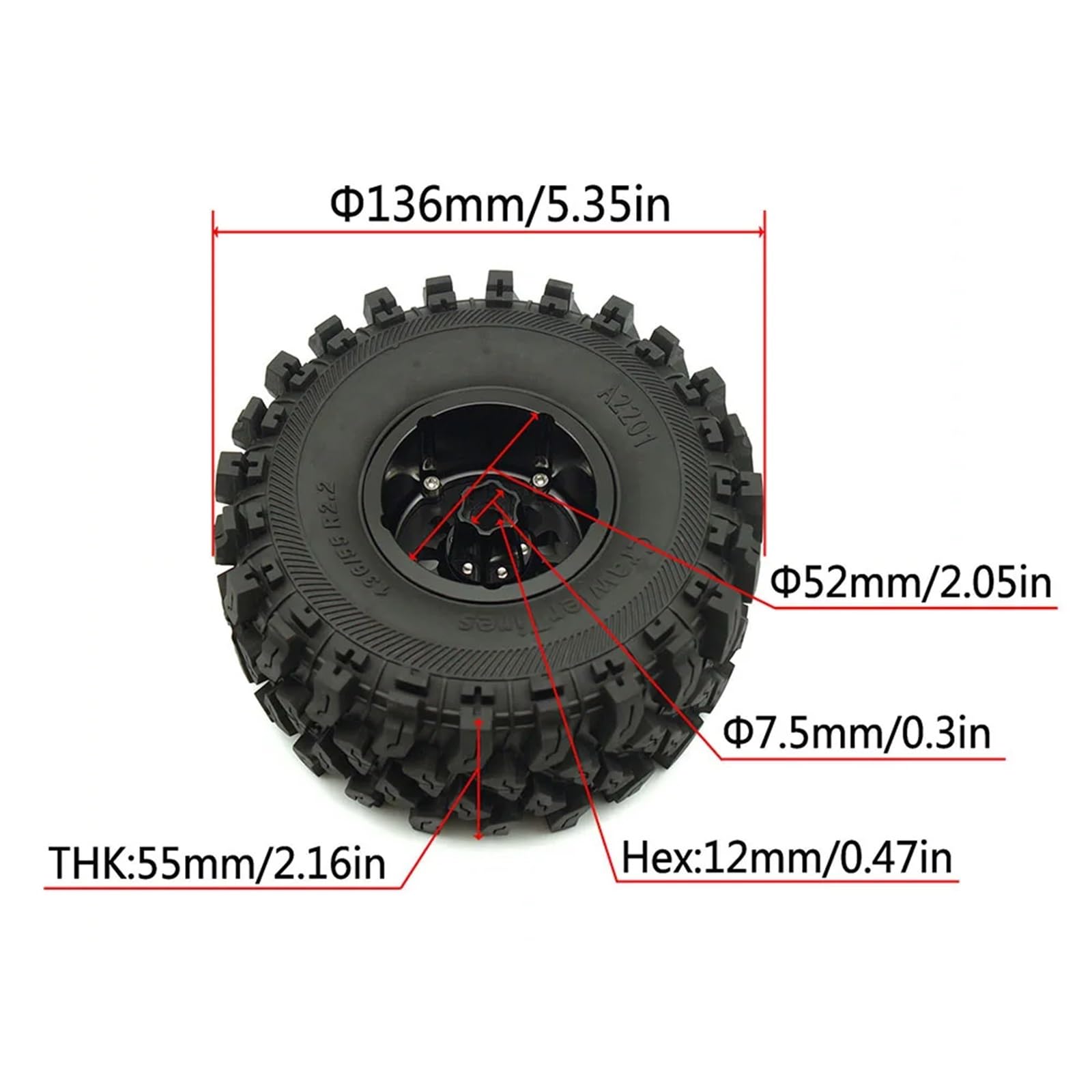 RC Pneumatici Ruote Per 1/10 2. Ruote Alluminio Beadlock Cerchioni Pneumatici 136mm Esagonale 12mm Alti Morbido Appiccicoso Fango Slingers RC Crawler Fuoristrada Veicoli(Black)