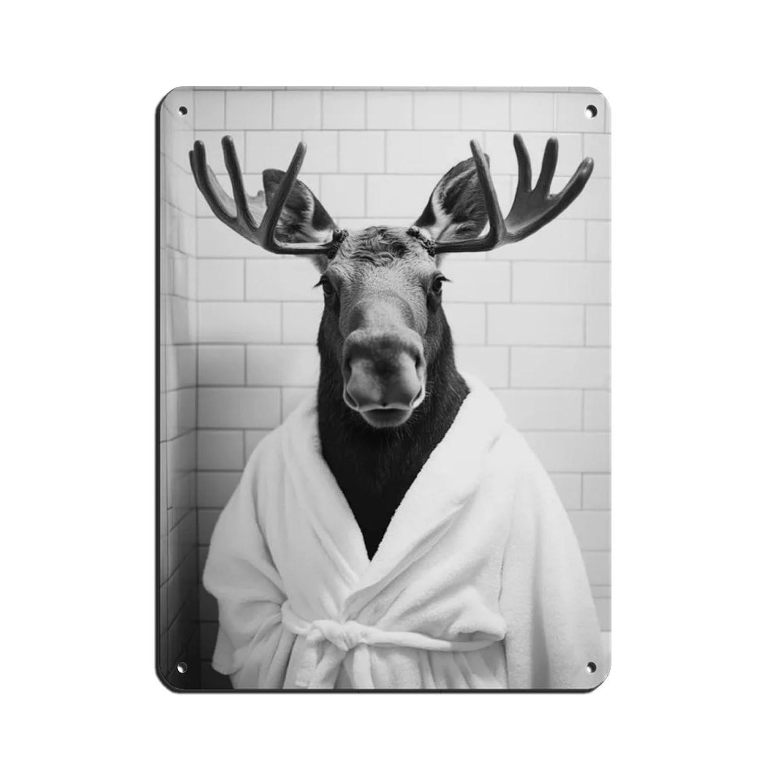 Moose in A Bathrobe, Funny Bathroom Art Retro Poster Metal Tin Sign Chic Art Retro Iron Painting Bar People Cave Cafe Family Garage Poster Wall Decoration 12x16inch(30x40cm)