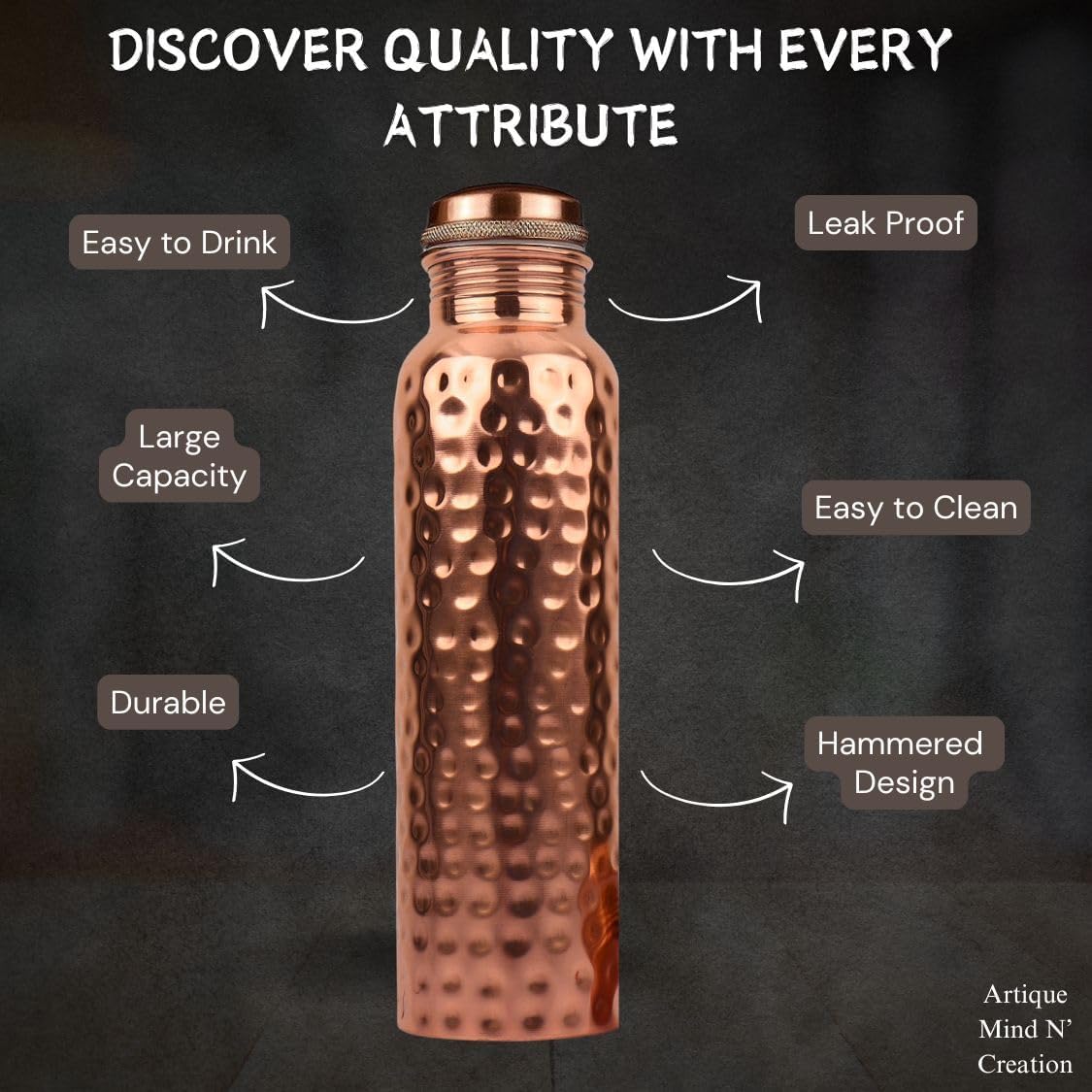 Pure Copper Water Bottle 34 oz (1 Liter), Hammered Ayurvedic Copper Bottle with Leakproof Lid & Protective Carrying Sleeve Strap for Yoga, Travel & Daily Hydration