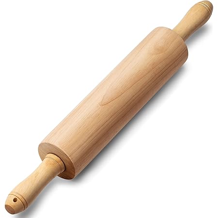 Tera Classic Wood Rolling Pin Rubber Wood Dough Roller with Handles 17.5 Inch for Baking Pasta Pizza Fondant Cookie Noodles Bread