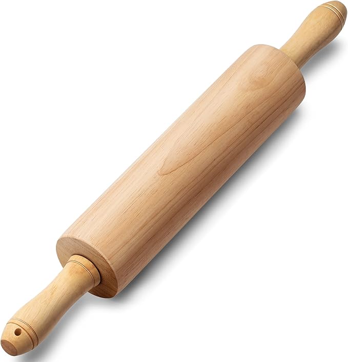 Classic Wooden Rolling Pin 17.5 Inch, Rotating Centre Dough Roller with Handles for All Baking Needs, Model BK004