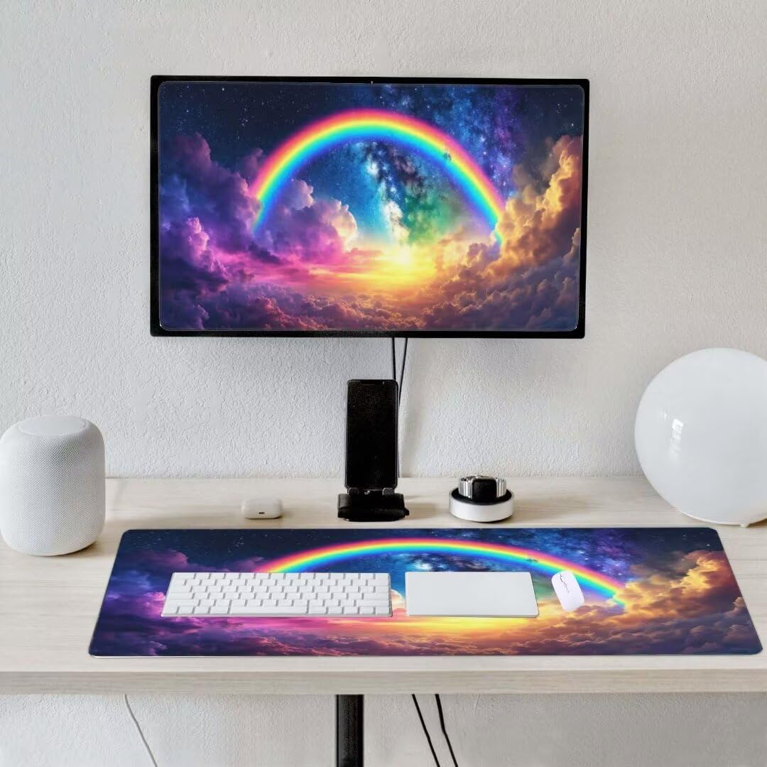 Alfombrilla de ratón 1400x600x3 MM, Alfombrilla Ratón XXL Extendida de Gran Tamaño con Bordes Cosidos, Base de Goma Antideslizante Almohadilla para Teclado, Arco Iris de ensueño S-9191