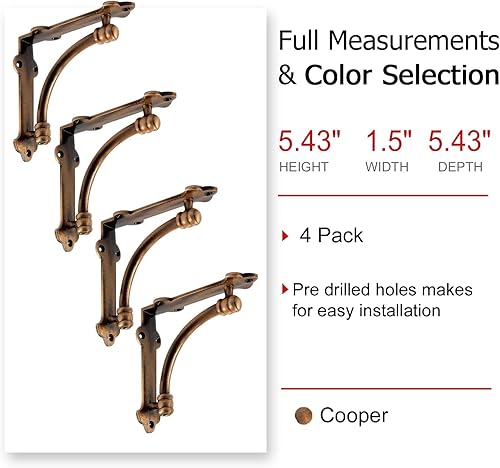 Miniatura 5 de NACH Soportes decorativos para estantes, paquete de 4 soportes decorativos de hierro fundido de cobre de 5.25 x 1.25 x 5.25 pulgadas, soportes