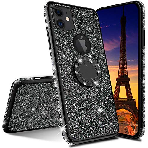 ISADENSER Compatible with iPhone 11 Pro Max 6.5 Inch Case Ultra-Slim Bling Diamond Luxury Plating Silicon TPU Soft Cover with Ring Stand Holder for iPhone 11 Pro Max,Black TPU with Stand Holder