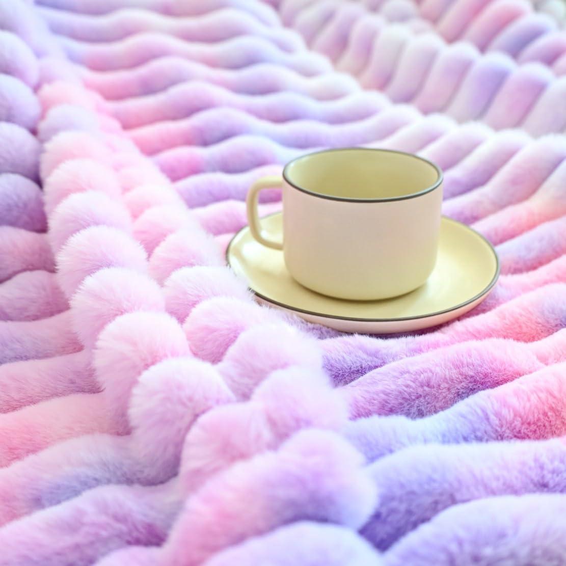 Super Soft Faux Fur Plush Throw Blanket, Rainbow Tie-Dye Pattern, Pastel Purple and Pink, Ribbed Decorative Cozy Blanket for Couch Bed,Gift for Women (Twin (63" x 77"),Purple and Pink) - Image 6