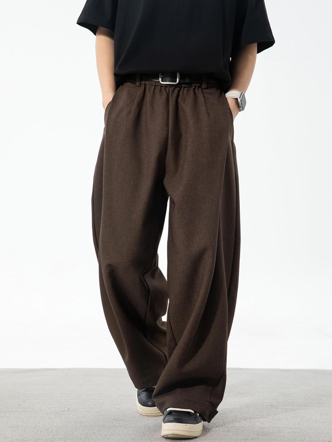 Mens Pleated Wide Leg Old Money Baggy Pants Casual Zipper Fly Pants Elastic Waist Loose Fit Fall Long Trousers with Pockets - Image 6