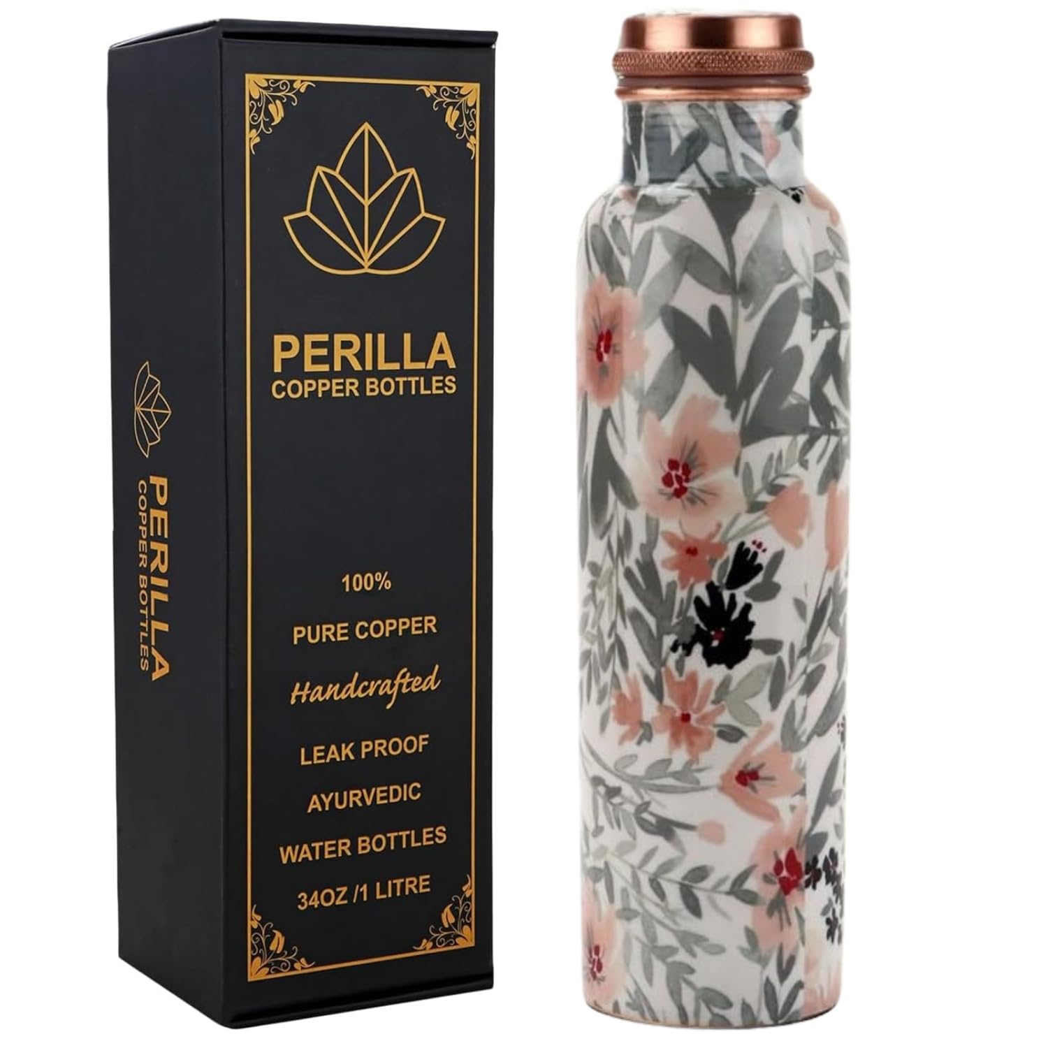 Perilla Home Pure Copper Water Bottle 34 Oz Leak Proof 100% Pure - Ayurvedic Copper Vessel - Drink More Water And Enjoy The Health Benefits