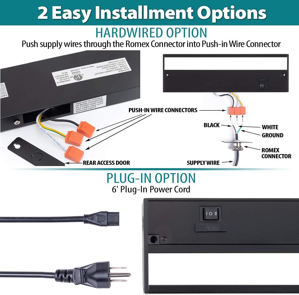 Lіmіtеd Stосk LED Under Cabinet Lighting by NSL - Dimmable Hardwired or Plugged-in installation - 3 Color Temperature Slide Switch - Warm White (2700K), Soft White (3000K), Cool White (4000K) - 18 Inch Black Finish