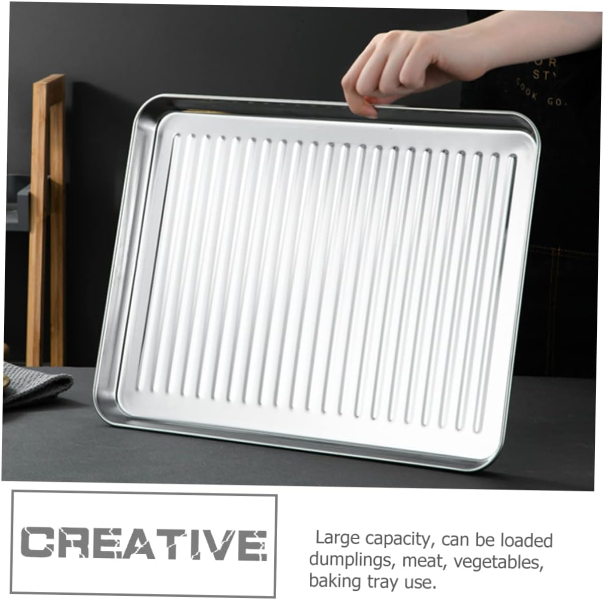 3 個ステンレスストライプベーキングパン金属サービングトレイ七面鳥ローストパンアクセサリートレイピザベーキングパン長方形ピザパン金属