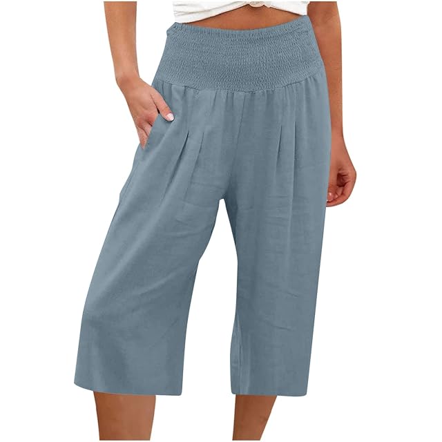 Cotton Linen Capris for Womens High Waisted Wide Leg Cropped Trousers Lightweight Loose Lounge Pants with Pockets