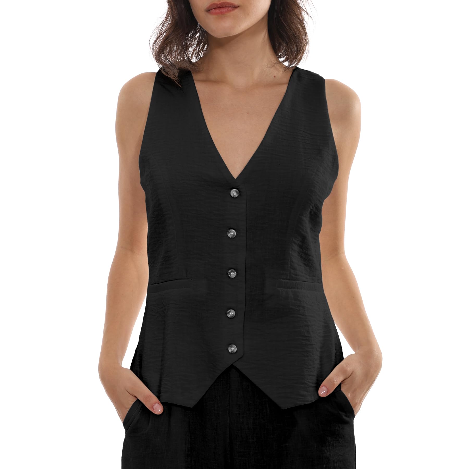 Amazhiyu Gilet da donna in misto lino, senza maniche, con bottoni, scollo a V, top estivo