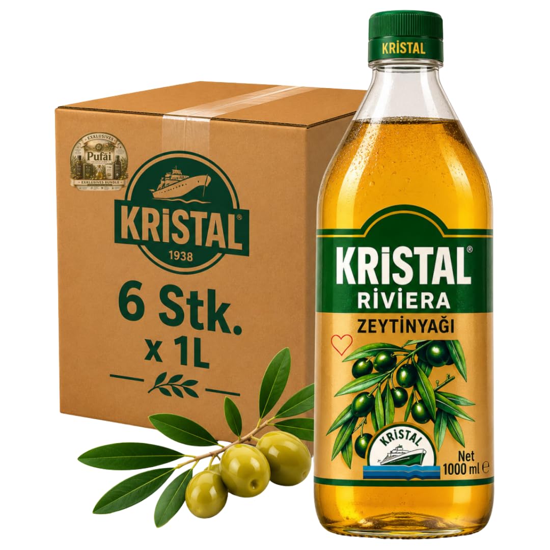 PUFAI Bundle – Kristal Olivenöl Riviera Glasflasche – Vielseitiges Speiseöl für Kochen & Braten, 1L, 6 Stück