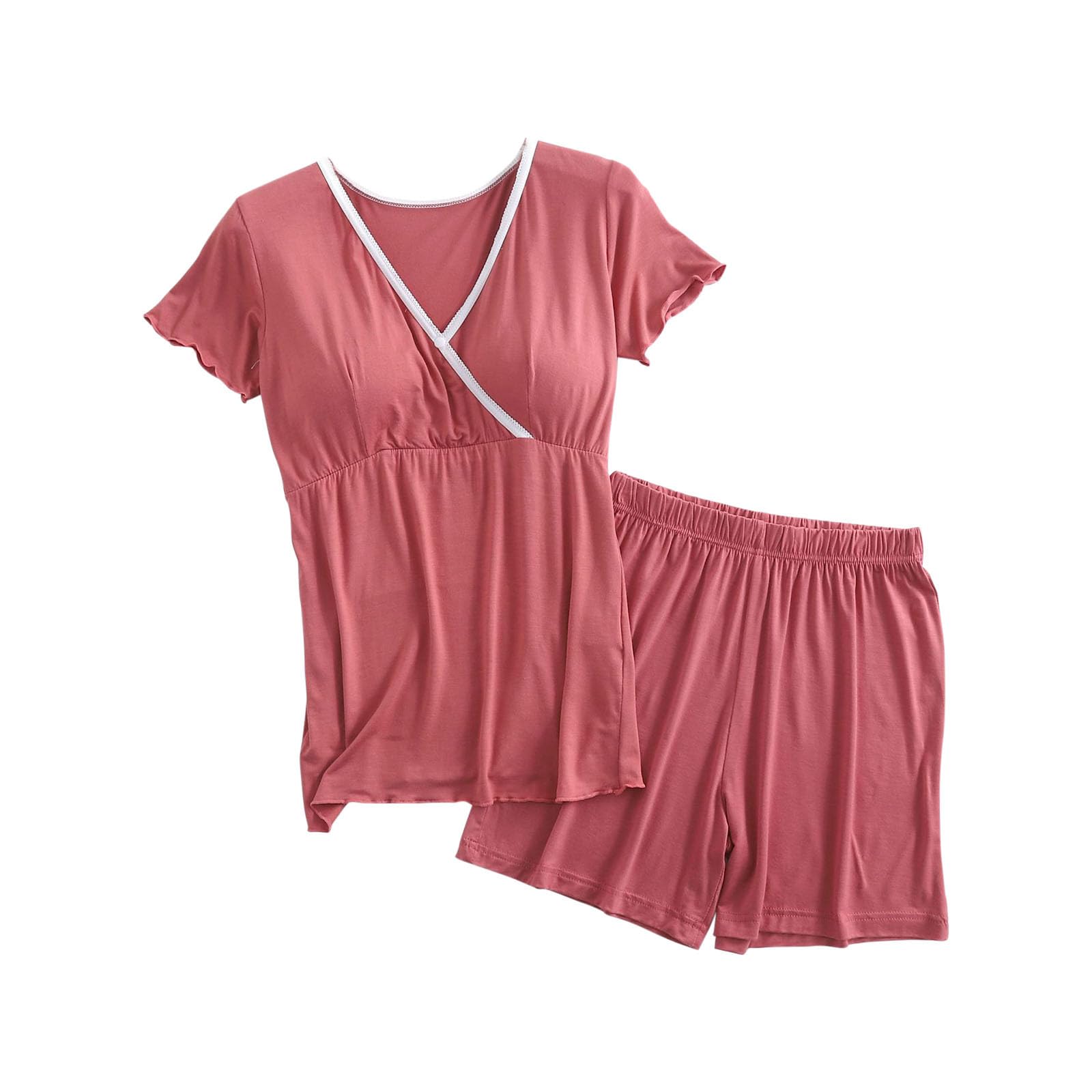 Ensemble de pyjama de maternité pour femme enceinte, doux et confortable, col en V, manches courtes, haut d'allaitement avec coussinets et short à taille élastique, 2 pièces, vêtements de