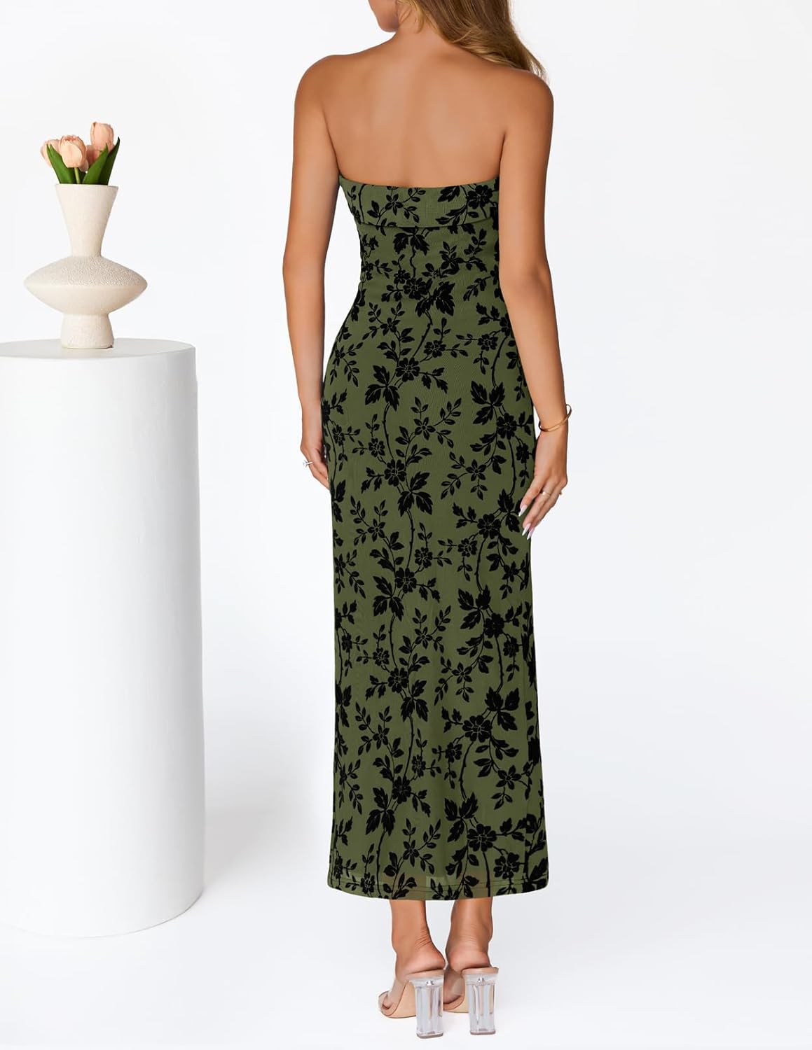 MEROKEETY Women's 2026 Summer Floral Strapless Dress Bodycon Tube Slit Mesh Wedding Guest Cocktail Party Maxi Dresses - Image 5