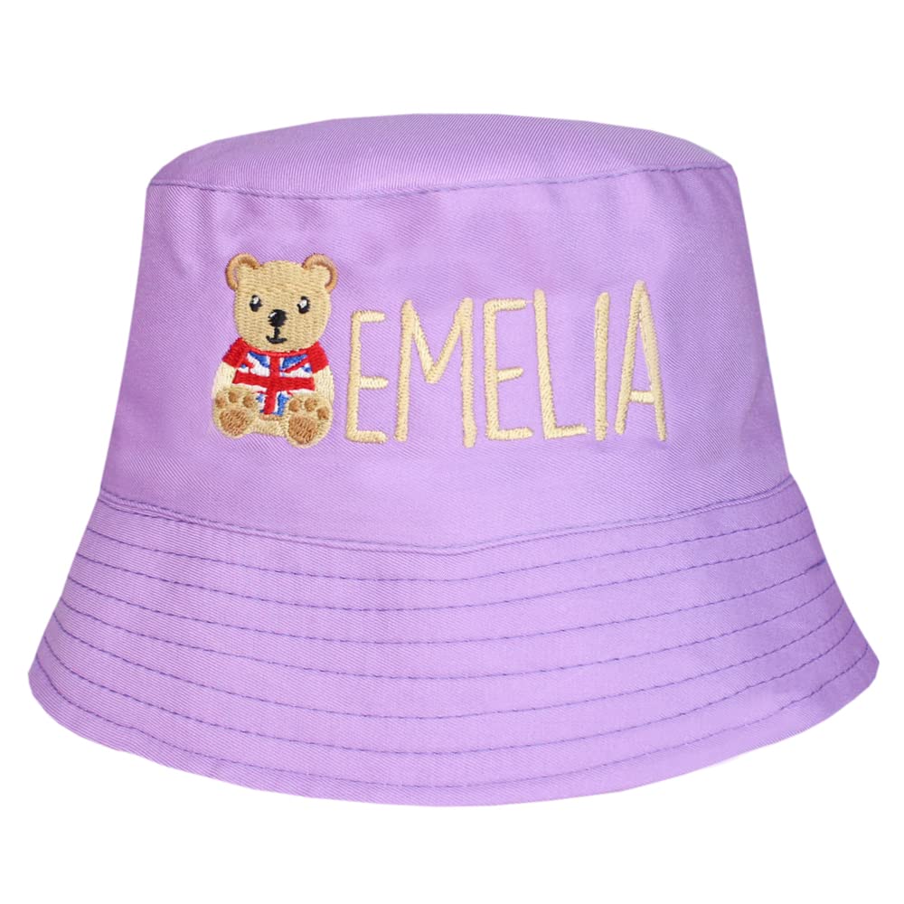 TeddyT's Personalised Union Jack Bear Children's Purple Bucket Sun Hat (as8, Age, 3_Years, 6_Years)