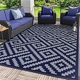 GENIMO Outdoor Rug for Patio Clearance, 8'x10' Waterproof Camping Mat, Reversible Plastic Straw Rugs for RV, Camper, Balcony, Backyard, Picnic, Deck (Blue & Grey)