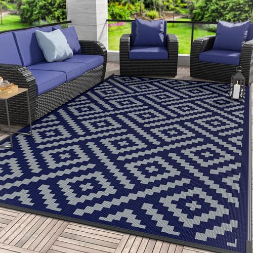 Image of GENIMO Outdoor Rug, Waterproof Plastic Rugs 10'x14' for Camping Blue Grey