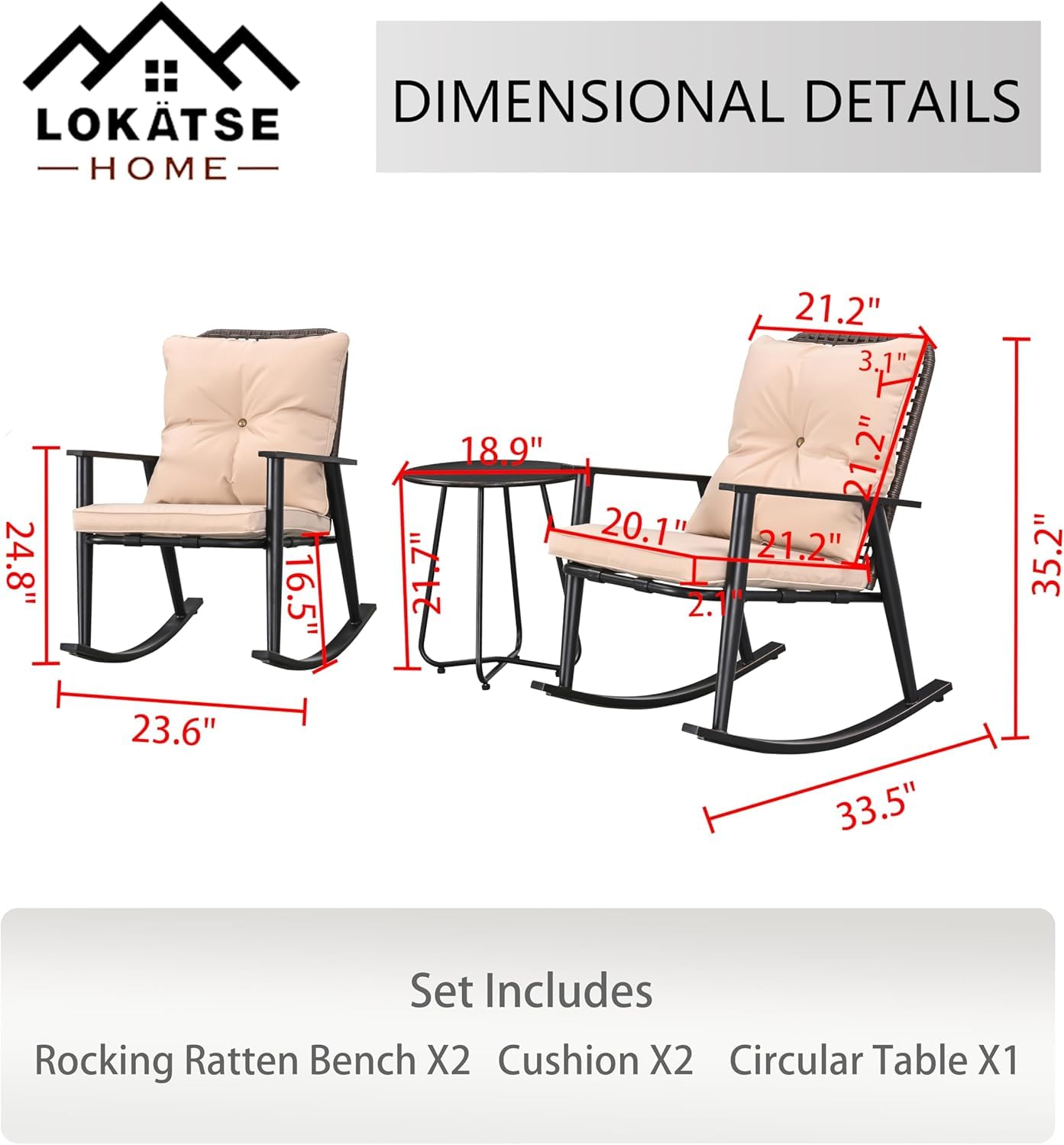LOKATSE HOME Juego de 3 sillas mecedoras de mimbre para exteriores con cojín y mesa de café, color caqui
