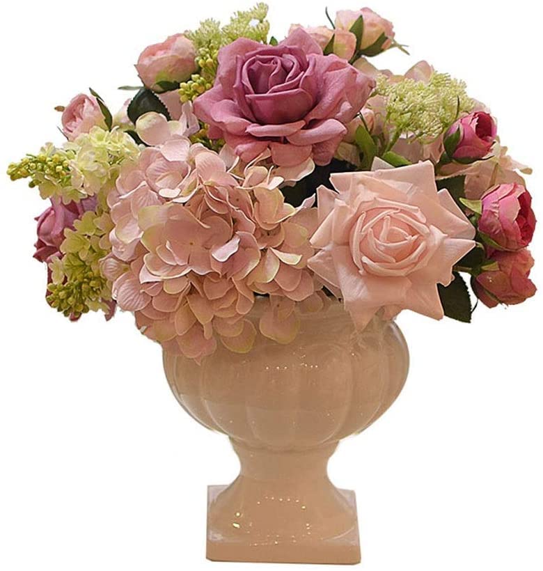 Roses roses artificielles réalistes avec vase pour composition florale