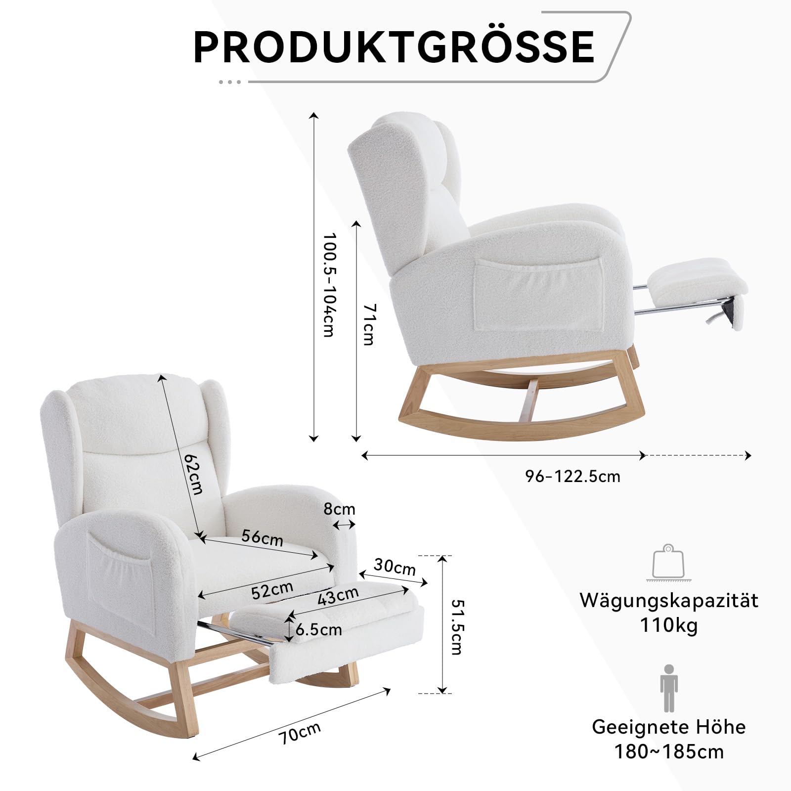 SACOOL Silla mecedora, silla de lactancia, silla de salón con estructura de madera, reposapiés ajustable, respaldo alto, tela de peluche, con bolsillo, cómoda silla acento para dormitorio y sala de