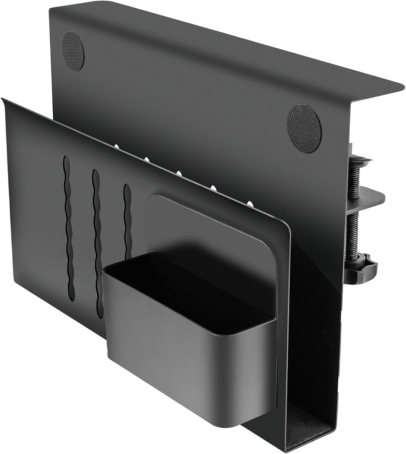 PEUTIER No Drill Under Desk Laptop Mount, ClampOn Desk Side Storage with Heat Dissipation Area