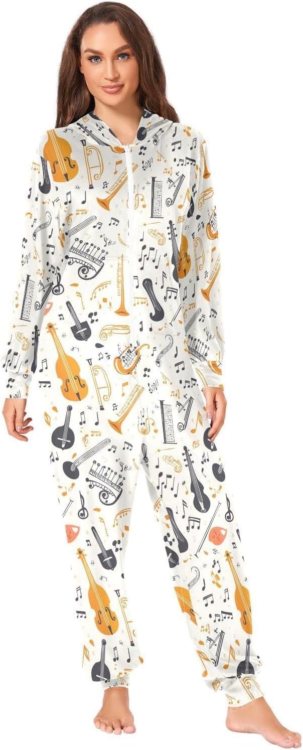 ZZKKO Musical Notes Instrument Adult Onesie Pajamas for Women Men Cozy One Piece Pajamas Costume Zip-Up Hooded S-XL