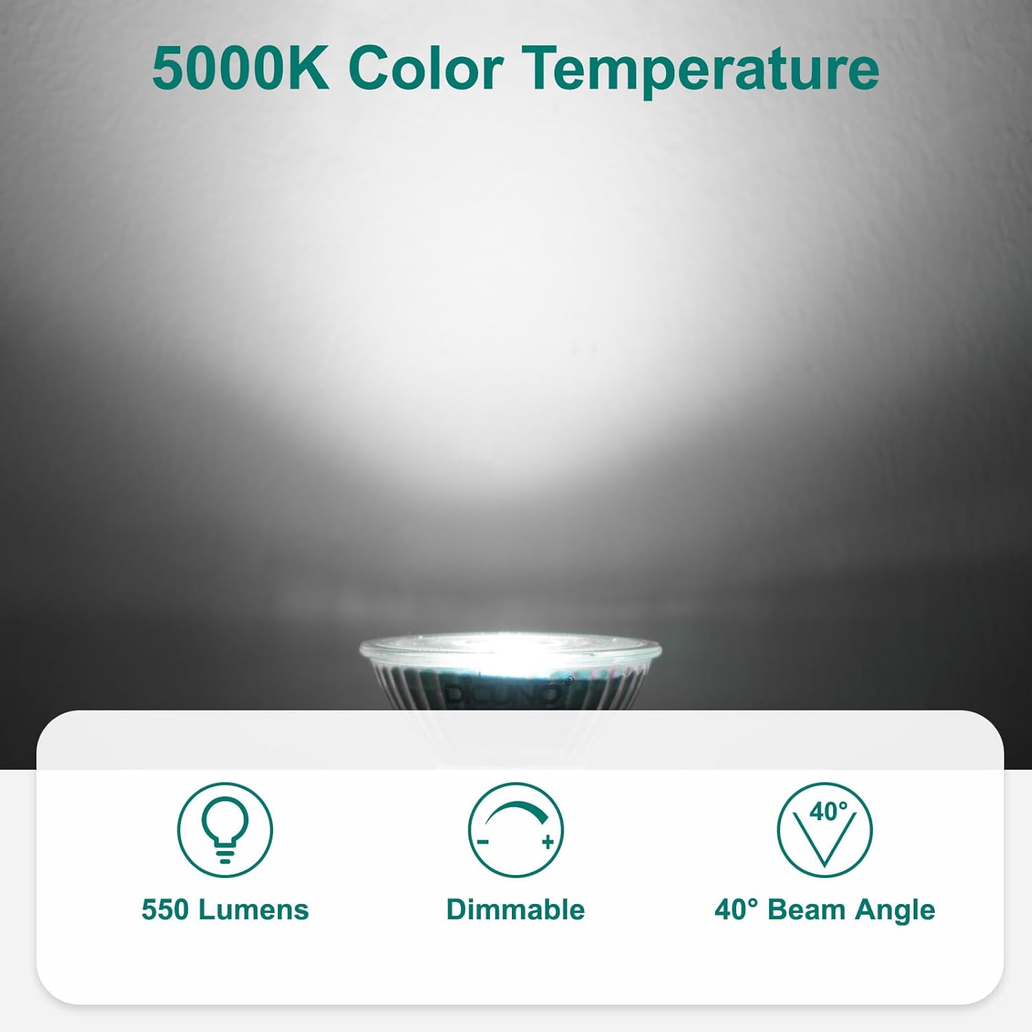 DiCUNO GU10 LED Bulb Dimmable, Daylight White 5000K, 40W Equivalent, 550lm, MR16 GU10 LED for Recessed Track Lighting, 5W Light Bulb with 40°Beam for Spotlight, Range Hood Light, Pack of 10