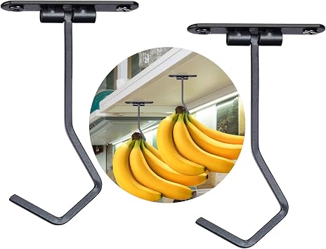 Banana Hook Under Cabinet 2 Pack to Keep Bananas Fresh, Banana Holder Under Cabinet Black 2 Pcs, Metal Hanger Unders Cabinets Metal
