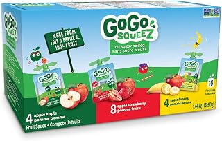 GoGo squeeZ Fruit Sauce Variety Pack, Apple, Strawberry, Banana, No Sugar Added. 90g per pouch, Pack of 16