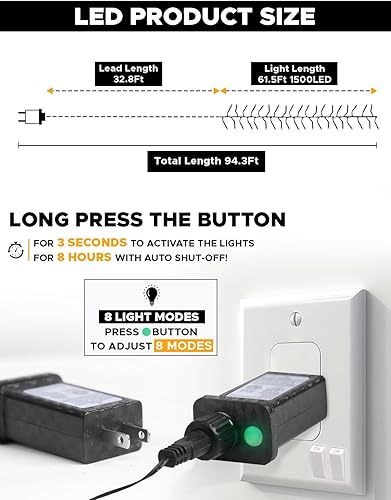 Miniatura 4 de EcoNour Luces centelleantes para árbol de Navidad  Luces de racimo para exteriores, tira de luces de petardo de Navidad con 8 modos, función de