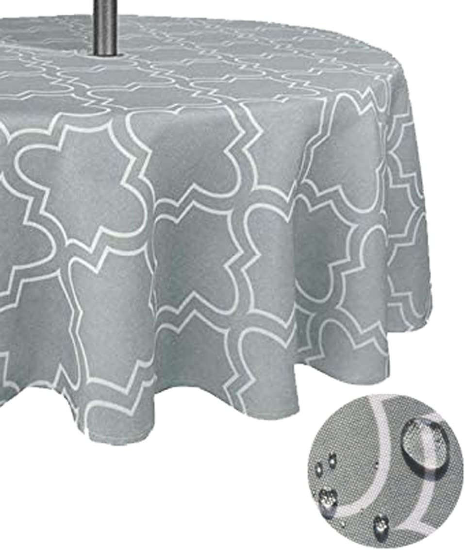 Tektrum 60 inch Round Moroccan Quatrefoil Outdoor Tablecloth with Umbrella Hole and Zipper, Zippered Table Cover - Spill Proof/Waterproof - for Patio Garden Tabletop Decor (Light Grey)