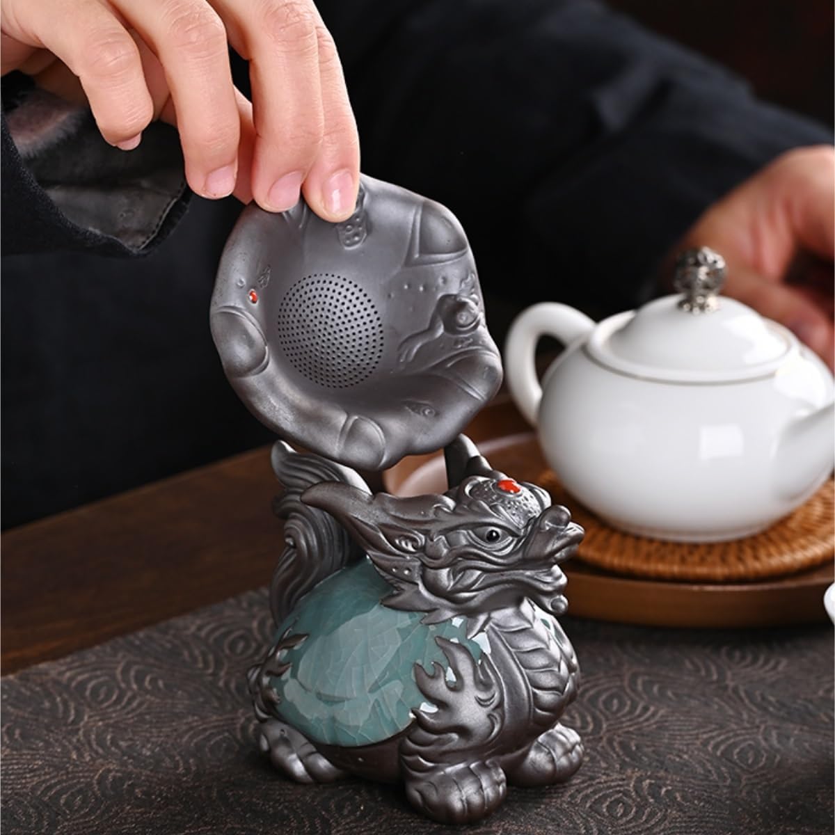 ティーペット 中国陶器ティーペットドラゴ​​ンタートルティーペットティーテーブルティートレイ装飾ティーハウス、カフェ、オフィスに最適