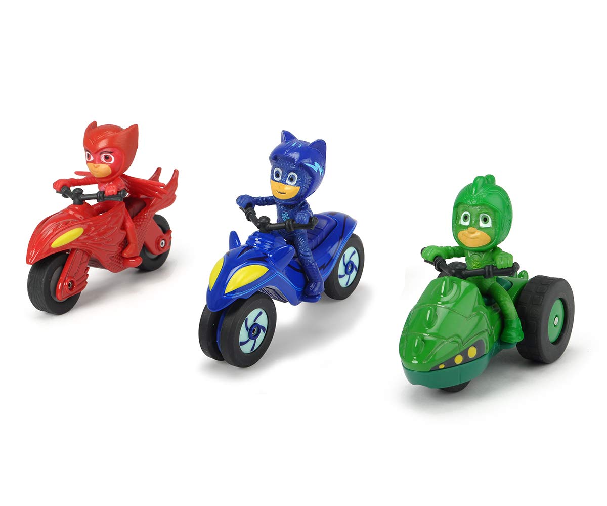Dickie Toys- PJ Masks Set 3 Motos 7cm, Gatuno, Gecko y Buhíta, Hechos en Metal, Licencia 100% Oficial, Niños y Niñas Todas Las Edades (203143000)