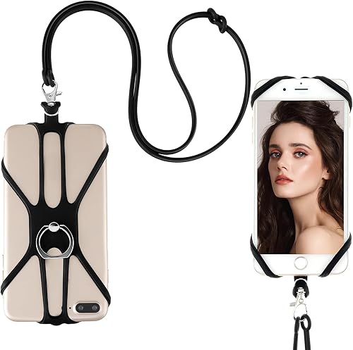 Cordón universal para teléfono, correa para el cuello 2 en 1 con soporte para anillo de dedo compatible con la mayoría de teléfonos inteligentes