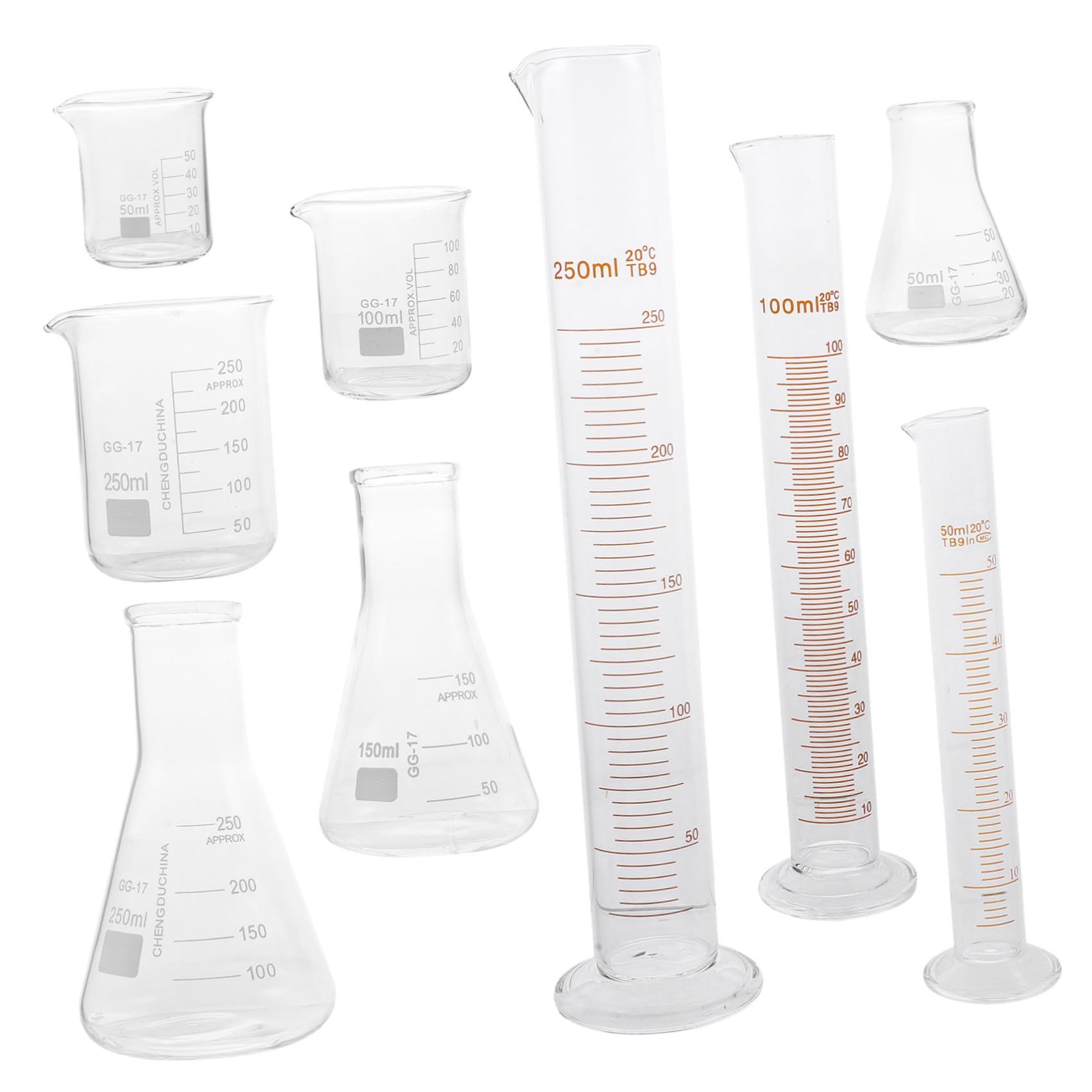 CLISPEED Set di Vetro per Laboratorio Chimico 9 Pezzi Resistenza ad Alta Temperatura e Scala Graduata, Capacità da 50ml a 250ml per Educazione Scientifica
