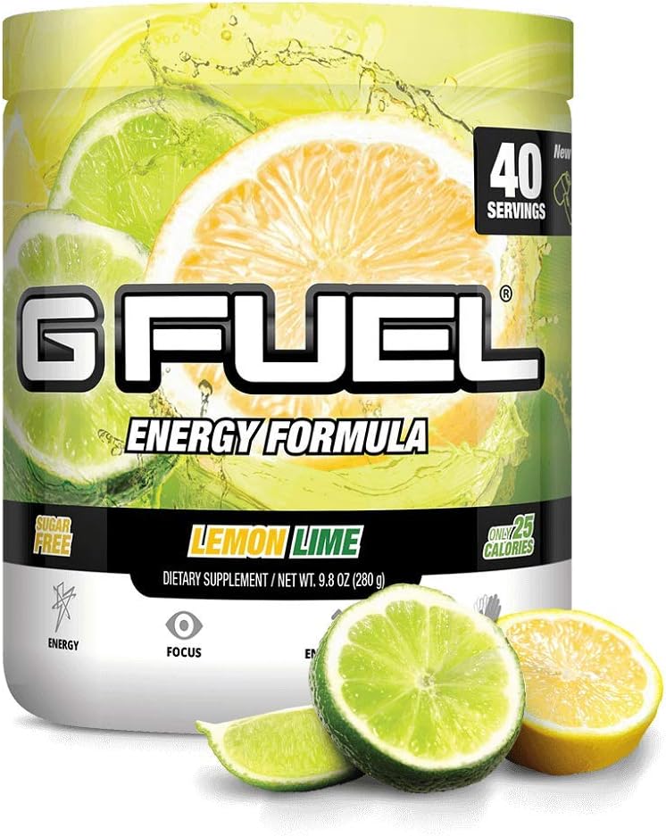 G Fuel Lemon Lime Energy Drink Powder, Pre Workout Caffeine Powder, Energy Powder Drink Mix for Gaming, Sugar Free Focus Amino, Vitamin + Antioxidants, 9.8oz (Lemon Lime, 40 Servings)