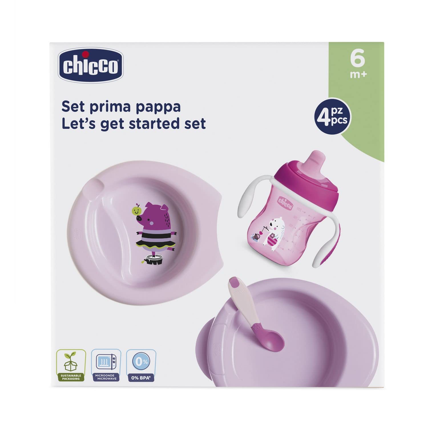 Chicco Set per la Pappa Composto da Tazza Training Cup, Primo Cucchiaio, Piatto Pappa Calda, Piatto Pappa Facile e Portavivande Termico, Età 6 Mesi +, Rosa, Versione per Bimba
