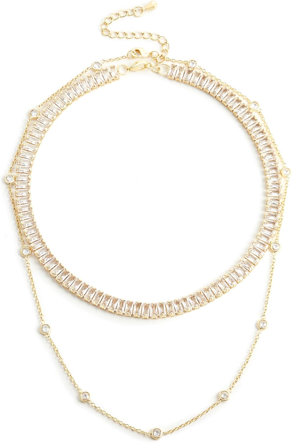 18K Gold-Plated 6.0mm Rectangular Cubic Zirconia Necklace & Stand-Style Square-Cut Zirconia Women's Gold Necklace | Luxury Imitation Diamond Layered Women's Gold Jewelry Set