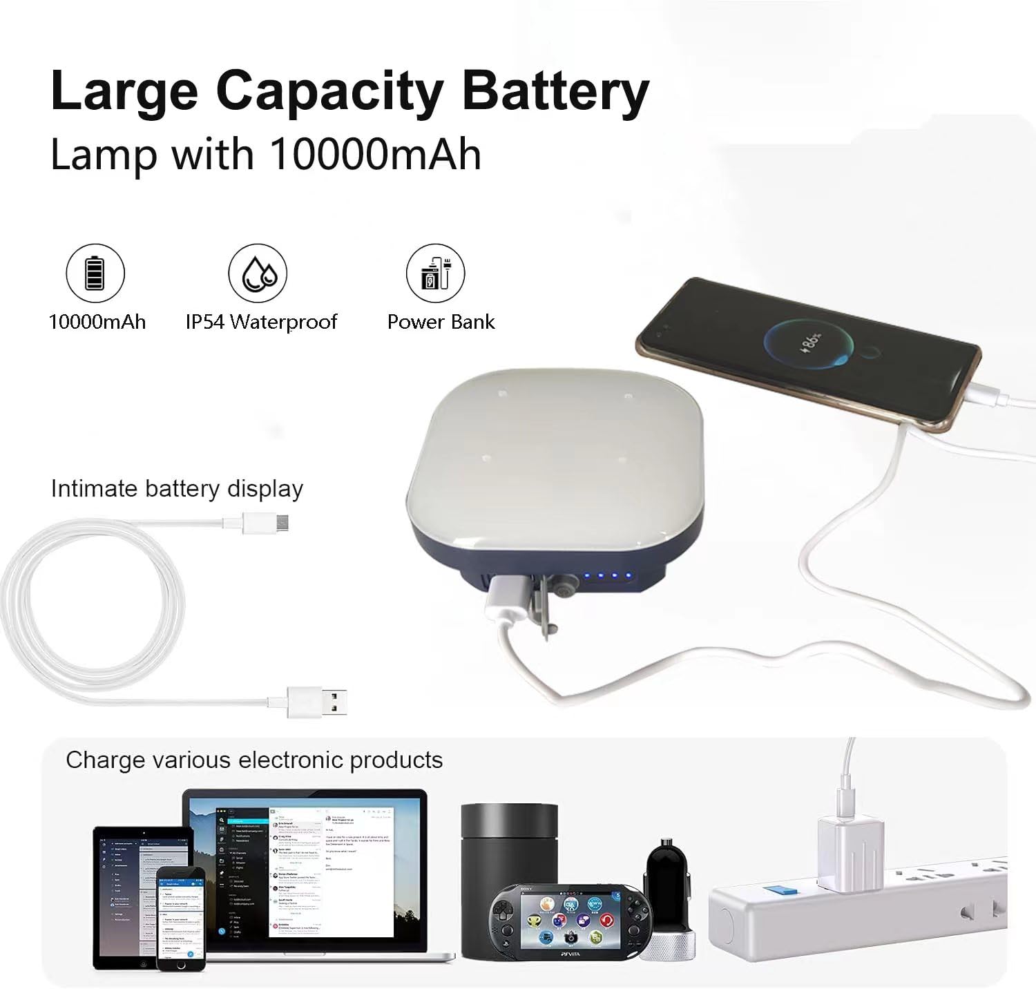 Linterna LED de camping recargable TeiNewBy 1500LM 10000mAh hasta 120 horas de funcionamiento, 4 modos de luz, IP54 impermeable, base magnética para emergencias de huracanes, al aire libre,