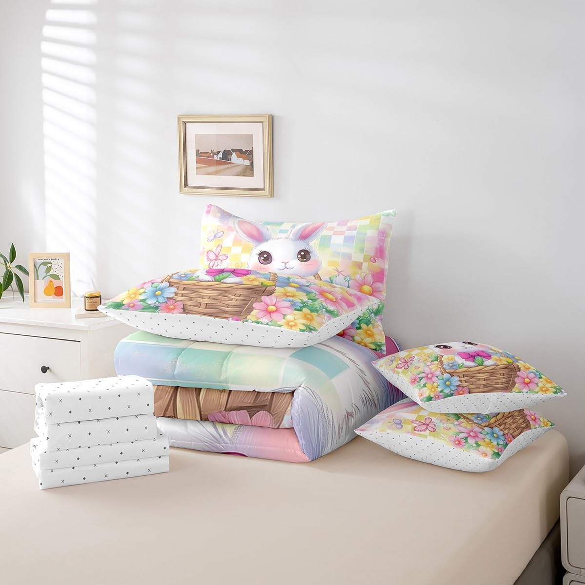 Kawaii Rabbit Girls Bedding Set Kids Groovy Flowers Printed Queen Comforter Set,Colourful Geometric Lattice Grid Bed In A Bag,Rustic Country Animals Bed Set Cartoon Farmhouse Bed Sheets Set