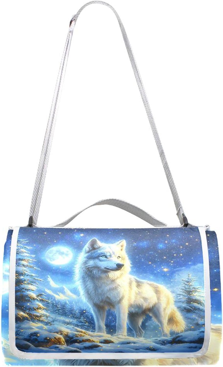 MNSRUU Picnic Blanket Waterproof Foldable, Wolf Snow Large Outdoor Picnic Blanket Beach Blankets Camping Blanket Travel Mat, Shoulder Strap Tote, Rectangle 57x59in