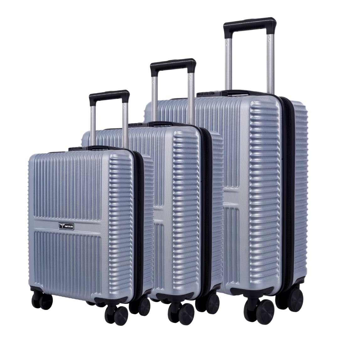 Impulse Urban Polycarbonate (PC) Set of 3 (Cabin + Medium + Large) Trolley Bag for Travel Small Cabin Check in, Luggage Bag Travel Hard Case with 8 Wheels 360 Degree Wheeling System (Silver)