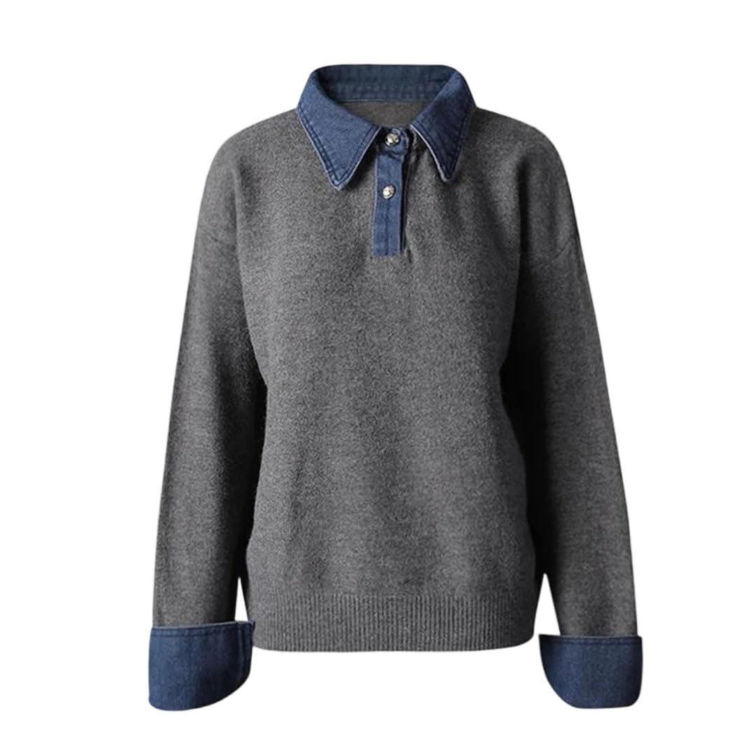 Women Denim Color-Block Big Size Knitting Sweater Lapel Long Sleeve Pullovers