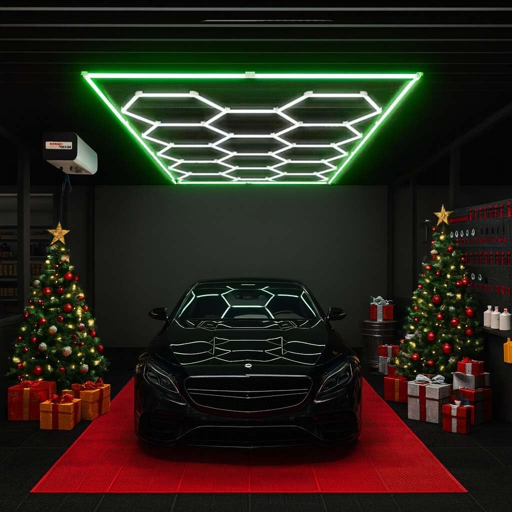 Hexagon LED Garage Light,14 Pack Honeycomb Lights with Rectangle Red Blue Green Frame 6500K for Garage, Basement, Warehouse etc (Green)